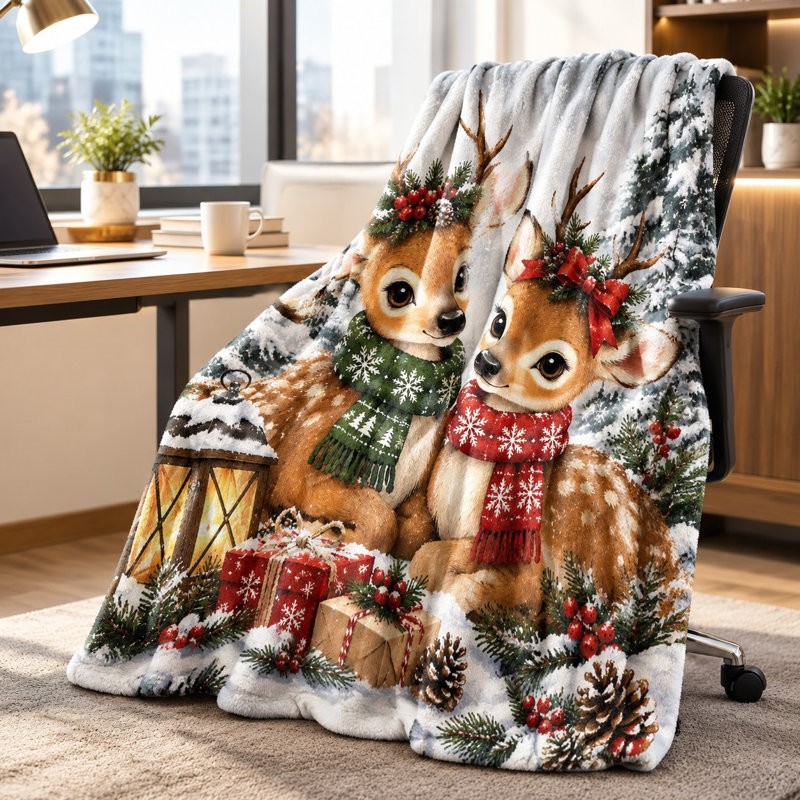 Cute Reindeer Winter Snow Scene Print Blanket, Cozy Decorative Plush Throw for Sofa Couch Bed Home Living Room All‑Season Soft Fleece Throw Blanket
