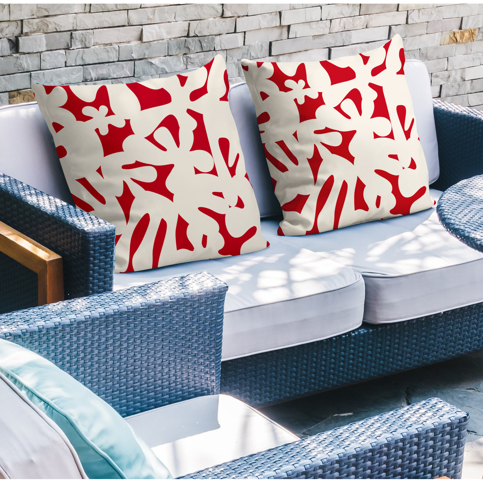 Lara Indoor/Outdoor Throw Pillow, 15" x 15", Red/Off White