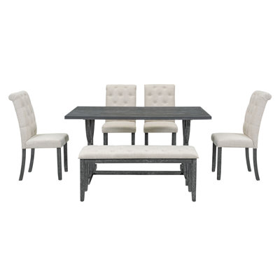 6-Piece Retro Rectangular Dining Table Set, Table With Unique Legs And 4 Upholstered Chairs & 1 Bench For Dining Room And Kitchen -  STYLISH, OKKK612-ST000099AAE