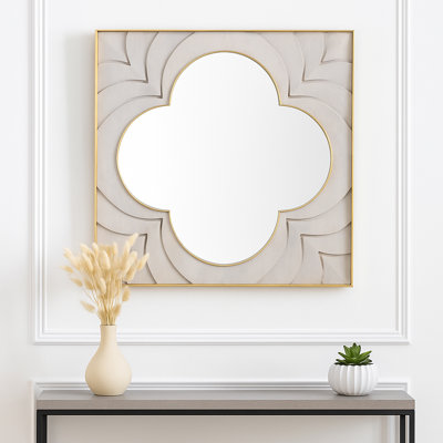 Decorative Wall Mirror with Wood and Brass Frame - Elegant Large Wall Mirror Perfect for Bathroom and Living Room Decor Accent - 35", Ivory