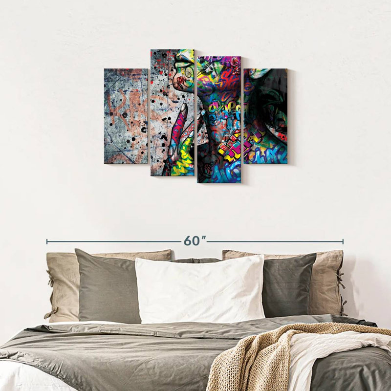 Portrait de femme éclatante 4 pièces, H 27 po x l 43 po x P 1,25 po