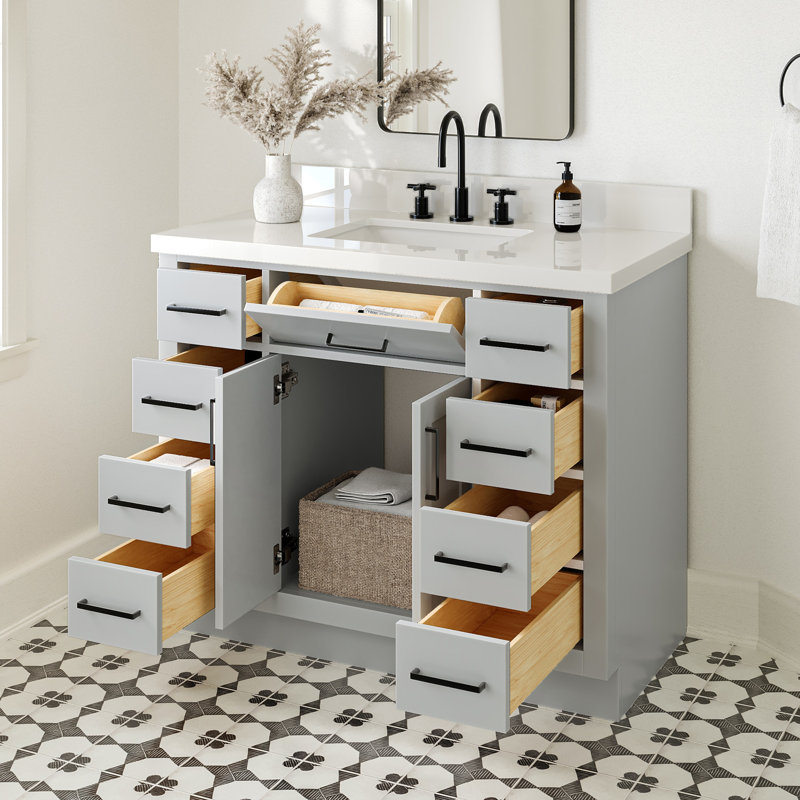 Tidworth 42' Solid Wood Single Bathroom Vanity with 1.5' White Quartz Top, Forme rectangulaire, Gris / noir mat
