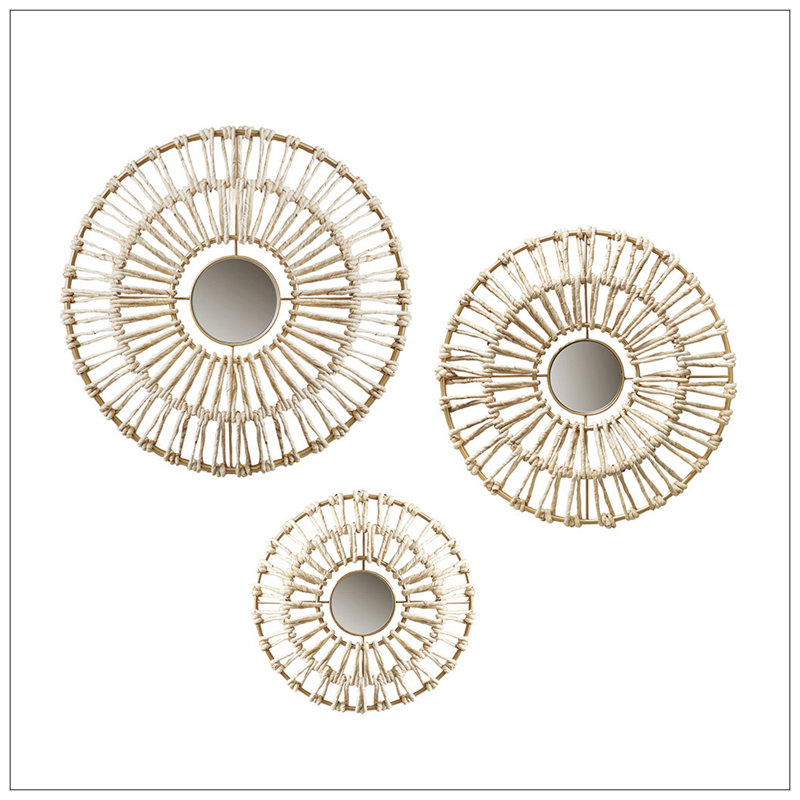 Round Natural Fiber And Mirror 3-Piece Wall Decor Set