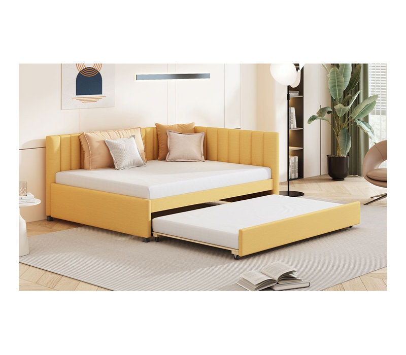Lit de jour moderne tapissier double avec gigogne simple, structure de canapé-lit en lin sans sommier tapissier pour chambre d'amis