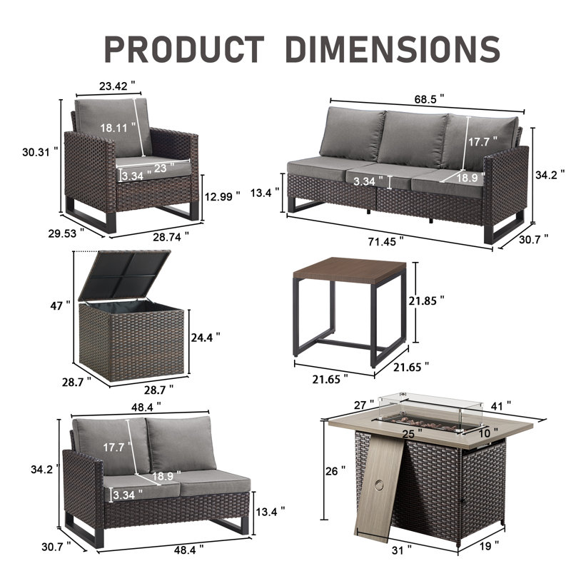Ingvald 9 Piece All-Weather Wicker Outdoor Patio Family Conversation Set Group With Fire Pit Table, Gray