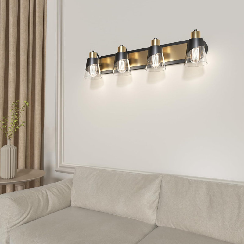 Bathroom Vanity Light Fixture With Bevelled Edge And Clear Glass Shade - Wall Mounted Lamp For Mirror Lighting In Matte Black And Gold Finish