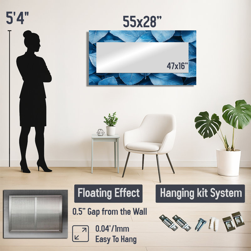 Frost Blue Leaves Tranquility I - décoration murale miroir floral - imprimé sur métal, 28 po x 55 po
