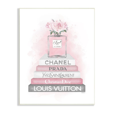 Pink Roses Perfume Bottle Glam Fashion Bookstack Wall Plaque Art by Amanda Greenwood