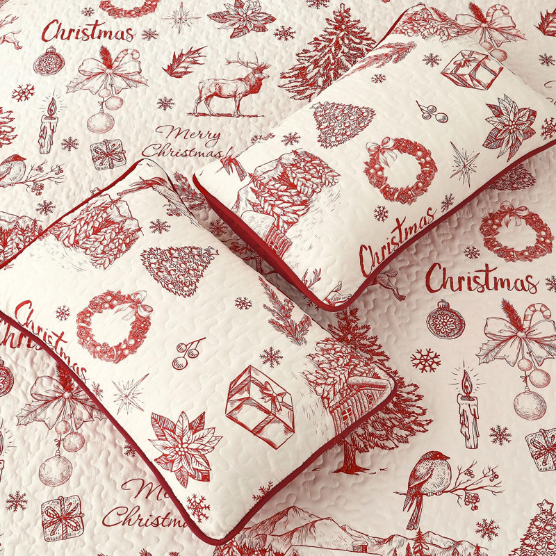 Ensemble de couvre-lit 3 pièces avec motif de rennes et couronne de Noël, Grand lit