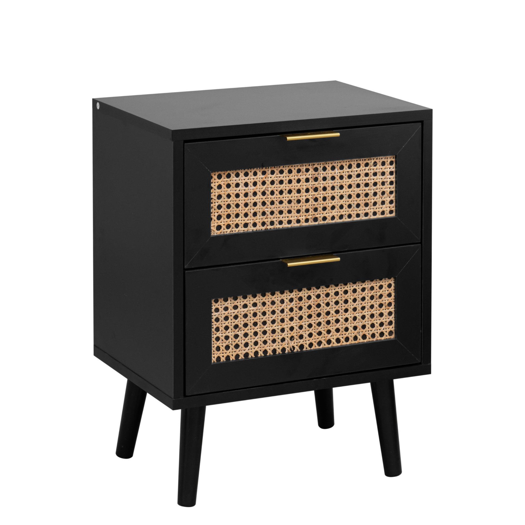 17 Stories Alexjandro Black Rattan Bedside Table with 2 Drawers ...