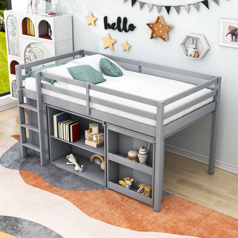 Lit mezzanine simple en bois avec 3 tiroirs, gris