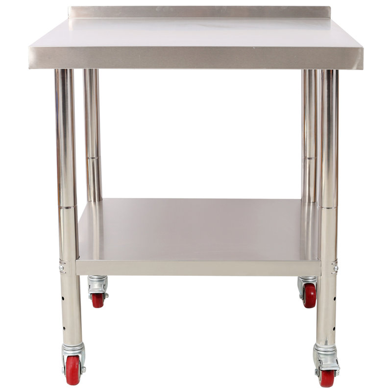 Table de préparation robuste en acier inoxydable avec dosseret et roulettes, tablette réglable