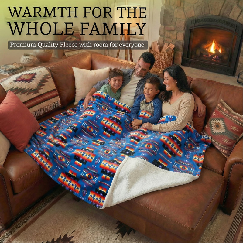 Plush Western Fleece Blanket, with Sherpa Reverse, 79" W x 95" L, Blue Geometric