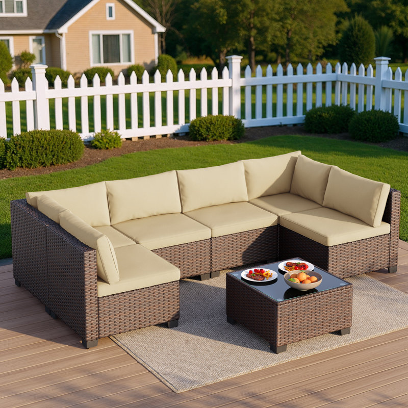 7-Piece Silverts Rattan Patio Set: Slanted Backrest, Weather-Resistant Frame & Cushions, Beige Cushion