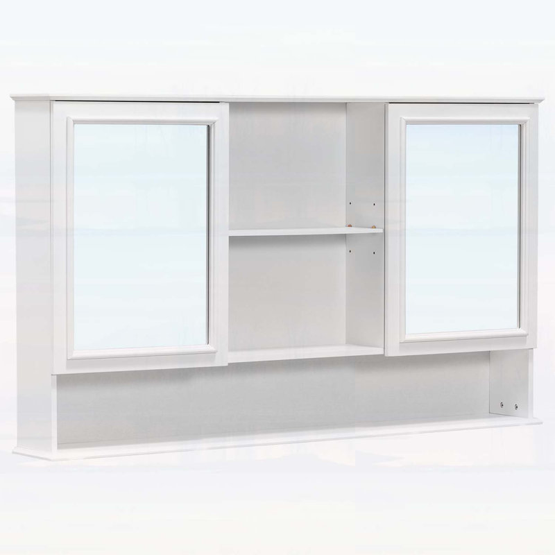 Armoire de salle de bain murale avec portes à double miroir, tablettes réglables et rangement ouvert, Blanc