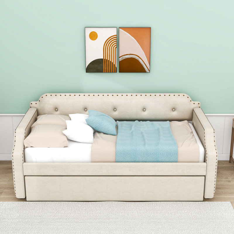 Twin Linen Upholstered Daybed with Twin Trundle, Beige