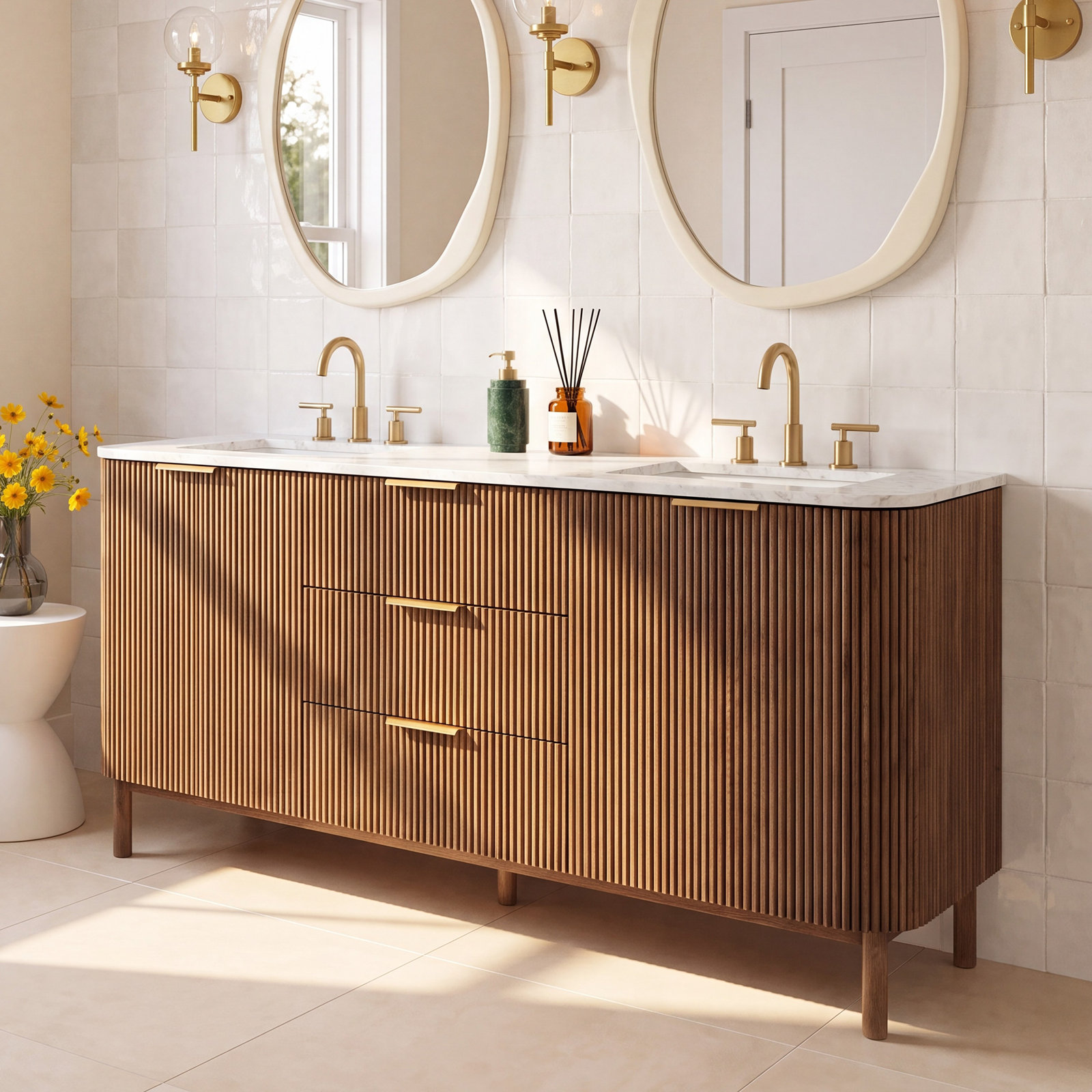 Nova 72" Carrara Marble Double Bathroom Vanity, Brown Reeded Birch
