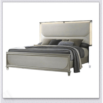 Contemporary Glam Silver Fabric Upholstered Bed W LED Embossed Panel 1Pc Bedframe Bedroom Furniture
