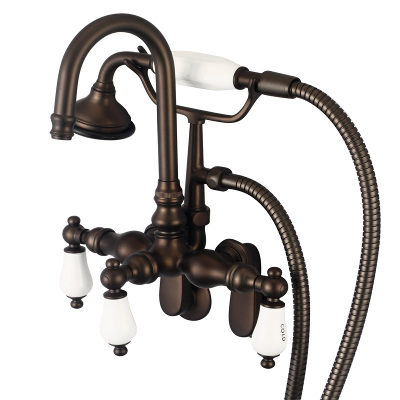 Stonington 3 Handle Wall Clawfoot Tub Faucet, Hot and Cold Labeled Porcelain Lever Handles, Brushed Nickel