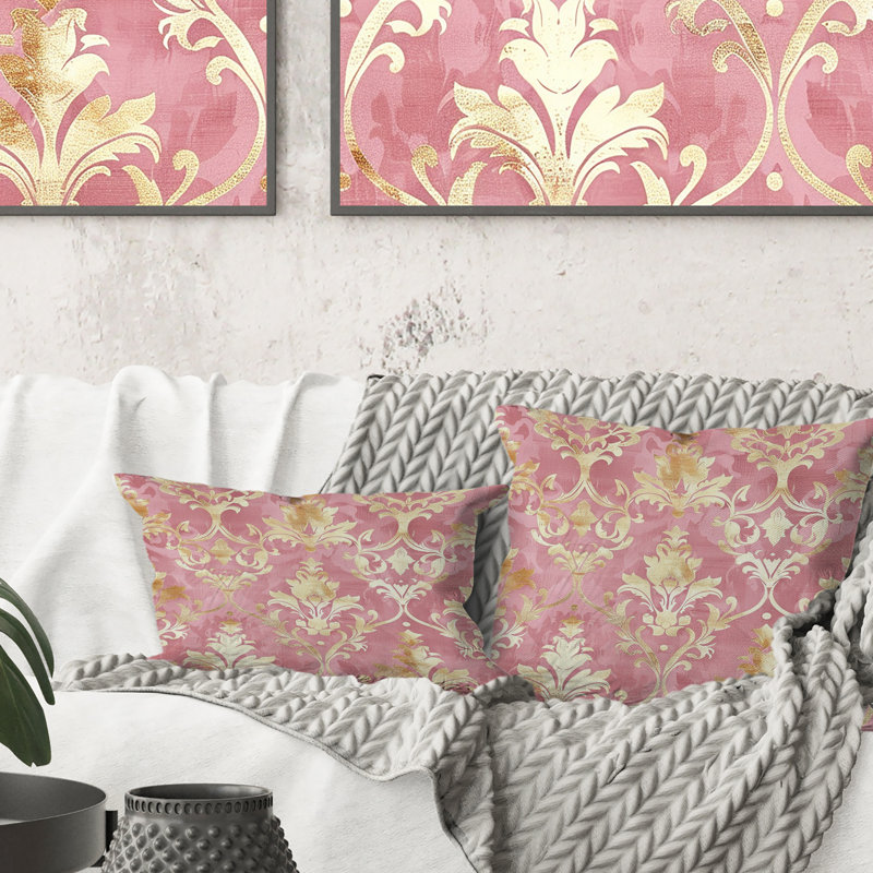 Glamour Damask - Glam Throw Pillow, 18"H x18"H, Pink/Gold