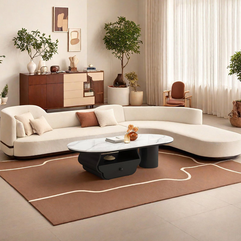 Table basse durable en pierre frittée avec tiroir, H 14,56 po x L 51,18 po x l 27,55 po, Blanc, Noir