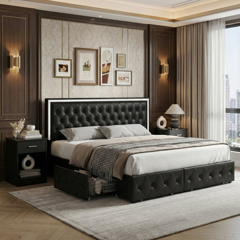 Couleur: lit gris + ensemble de chambre à coucher 3 tiroirs gris, Très grand lit, Noir