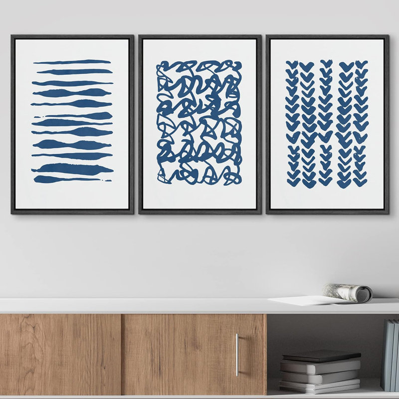 «Geometric Line Blue Brush Stroke Line Art Collage Abstract Patterns Modern Art Mid-Century Modern on Canvas», reproduction de 3 pièces
