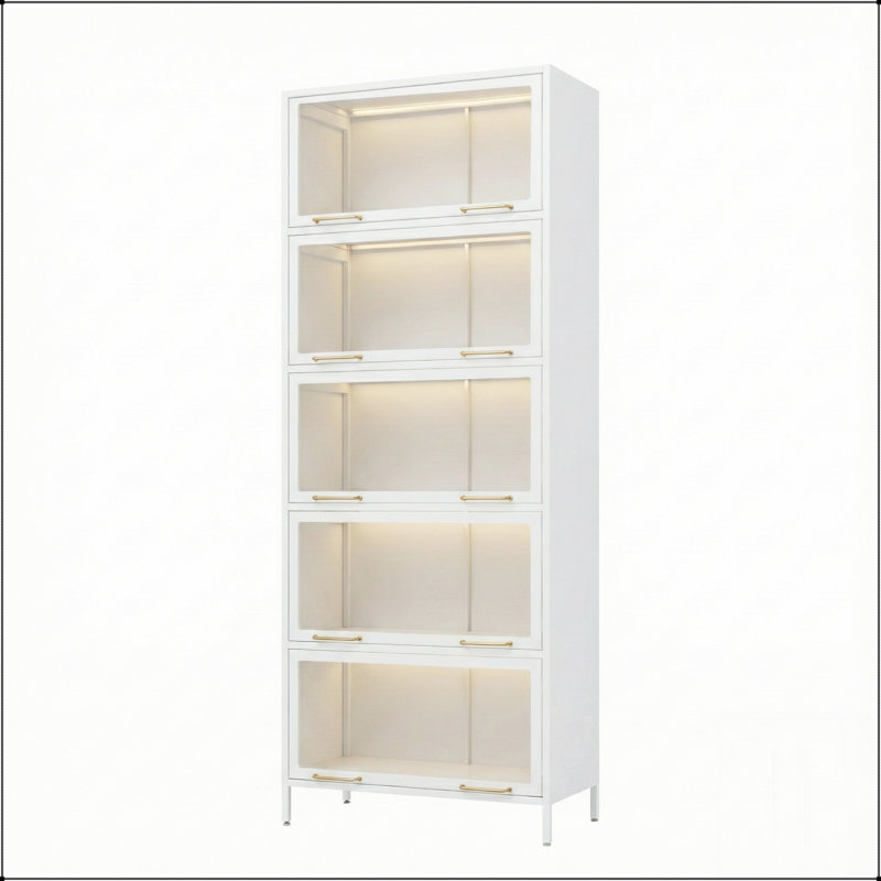 Vitrine en fer de 76,75 po de hauteur avec portes en verre, bibliothèque en acier à 5 niveaux avec lumières DEL pour objets de collection, vitrine de style moderne pour la maison et le bureau