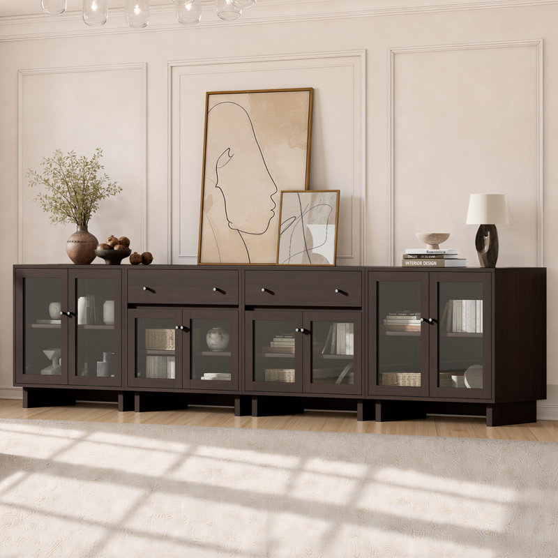 Ensemble de rangement modulaire Almaguer 4 pièces avec 2 tiroirs, 8 portes vitrées, étagères réglables et fini grain de bois, noyer brun