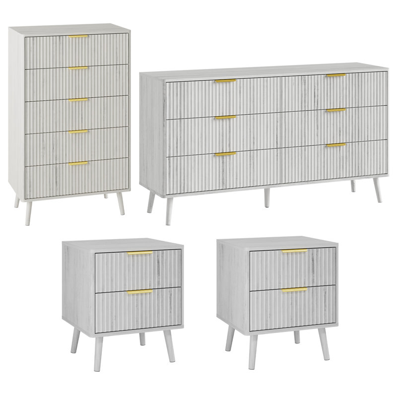 4 Piece Bedroom Set, Dresser And Nightstands Set, White