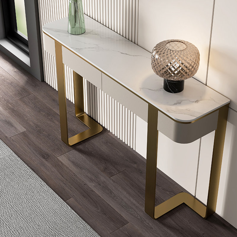 Console légère de style luxueux et moderne, H 33,5 po x l 63 po x P 13,8 po, Blanc, Doré