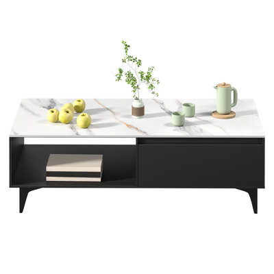 Rectangle Coffee Table, 47-Inch Modern Coffee Tables For Living Room, Faux Marble Wood Coffee Table With Wood Legs, Furniture With Drawer & Storage Sh