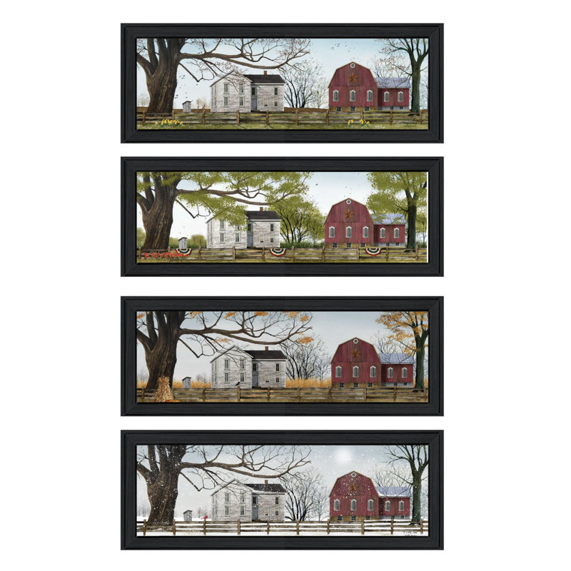 Set of Four Black Framed Seasonal Farmhouse Prints