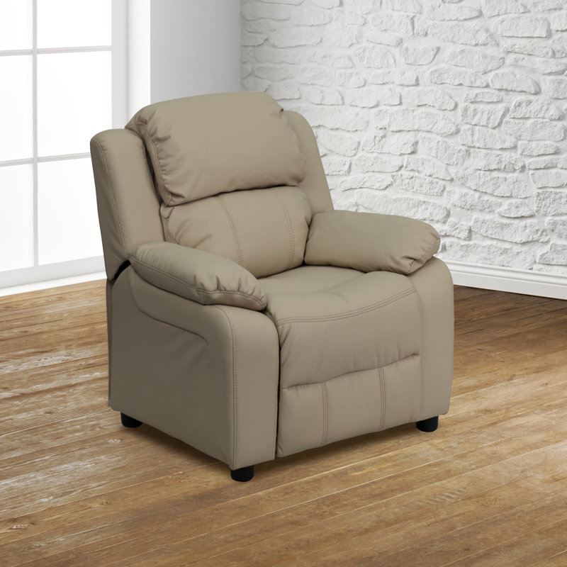 Degeorge Deluxe Padded Contemporary Kids Recliner with Storage Arms, Beige Vinyl