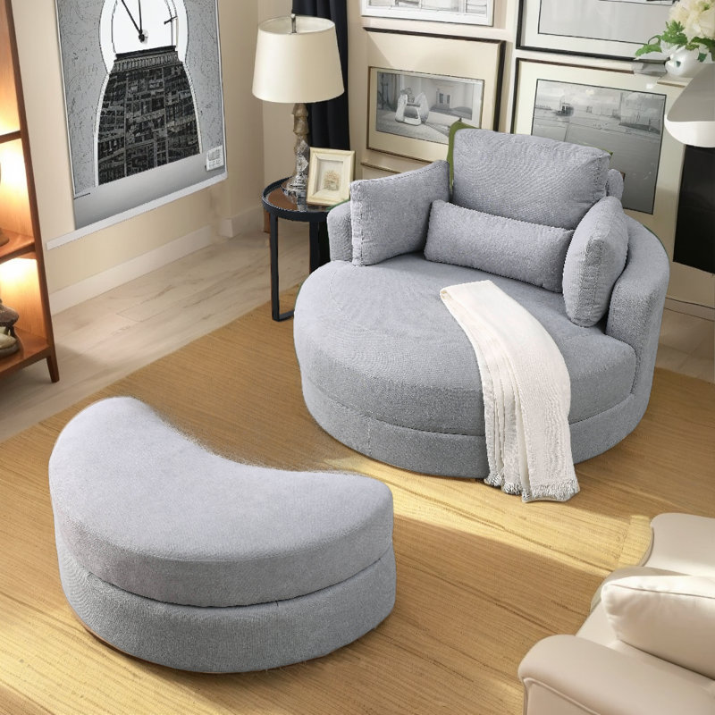 Grand fauteuil rond club pivotant avec repose-pieds et canapé de rangement, Lin gris pâle
