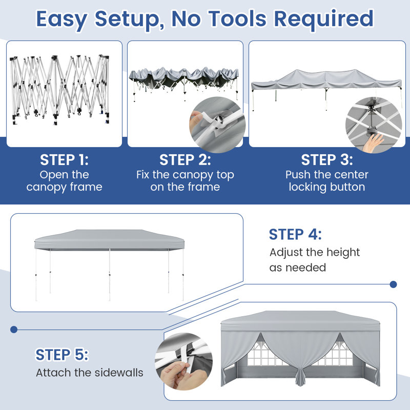 10 X 20 FT Pop up Canopy Tent w/ 6 Sidewalls Wheeled Bag 6 Sandbags 10 Stakes, Gray