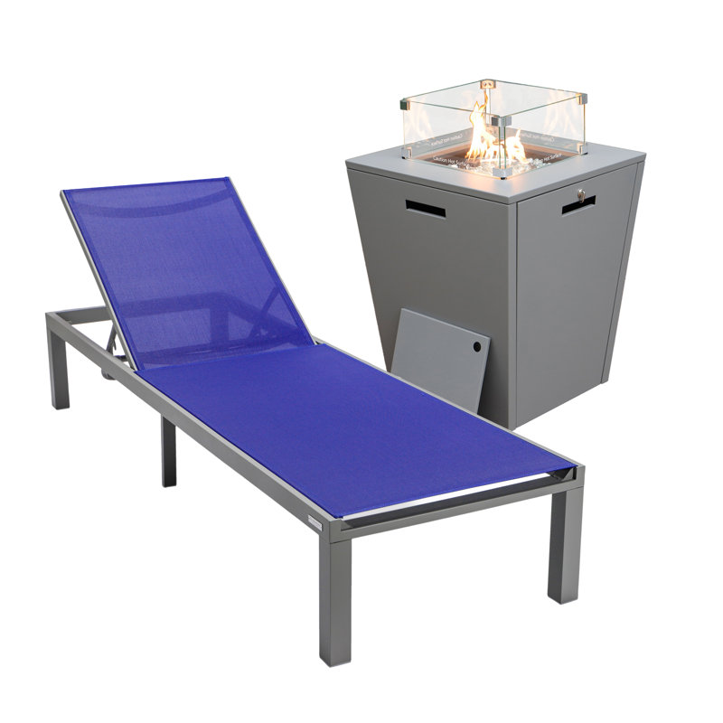 Outdoor Rust-Resistant Metal Chaise Lounge Set with Table, Navy Blue, Gray