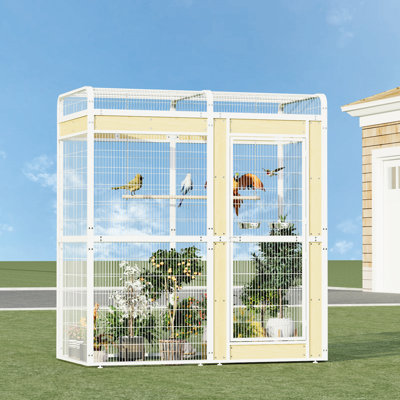 White Large Bird Cage Aviary With Wooden Perch & Stainless Steel Feeders, Ideal For Small/Medium Birds (Parrot/Canary) - 68.5" L X 33.4" W X 74.8" H