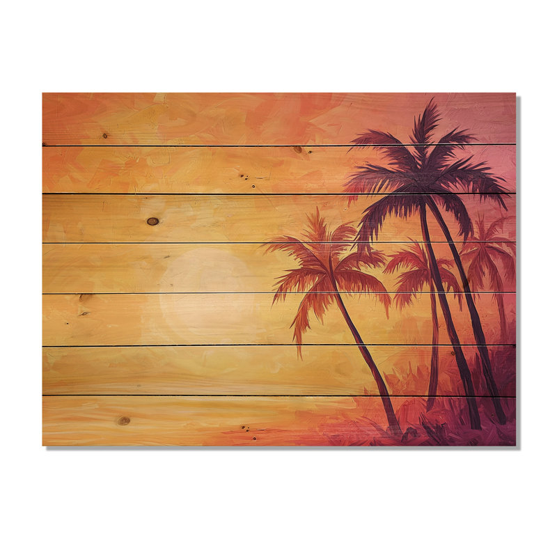 «Sunset Oasis Palm Trees II», impression sur bois jaune traditionnel sur bois de pin naturel, H 30 po x l 40 po