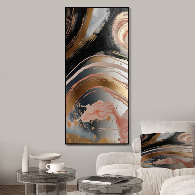 Art abstrait abstrait, encre liquide dorée III - formes abstraites, art mural, Cadre flottant noir