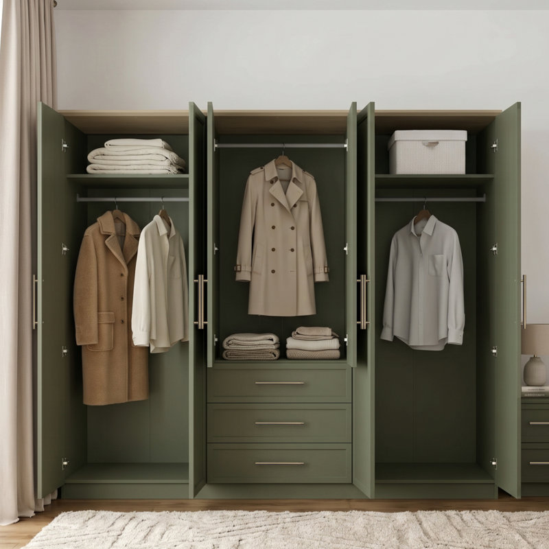 Cleverton 4 Door 3 Drawer Wardrobe with Mirror, 191.3cm H x 228.5cm W x 58cm D, Kale Green