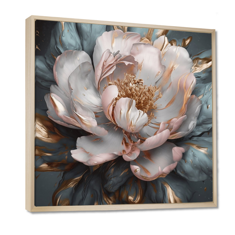 Pivoines roses et grises en fleurs I - impressions florales sur pivoines, H 36 po x l 36 po, Cadre flottant érable