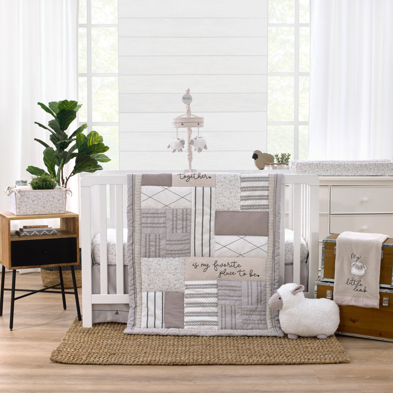 NoJo Together is Better White, Gray, and Taupe Stripes and Dots 4 Piece Nursery Crib Bedding Set 