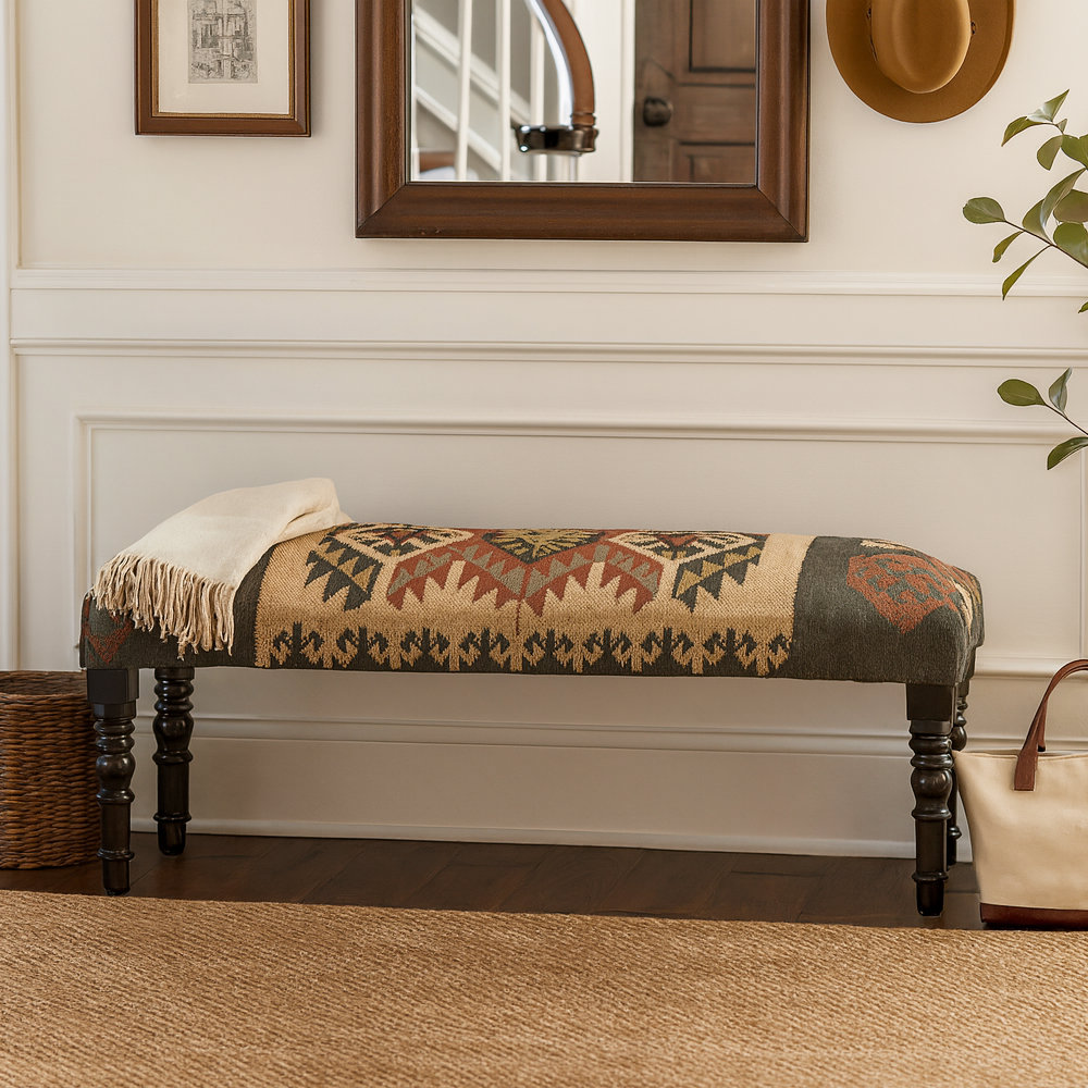 Kyle Handmade Natural Multicolor Southwestern Jute & Wool Upholstered Bench Union Rustic