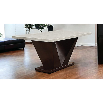 64" White And Dark Brown Marble And Solid Manufactured Wood Pedestal Base Dining Table