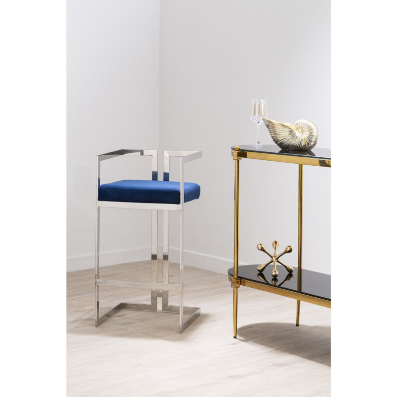 Carwell Upholstered Counter Stool with Metal Frame, Silver, Blue