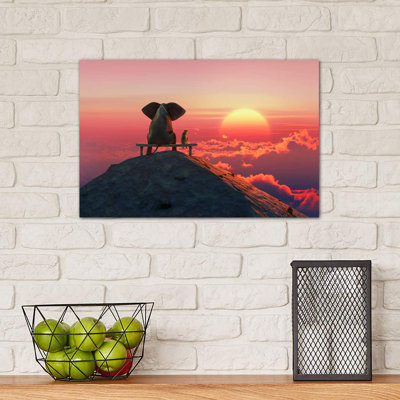 Elephant and Dog Sit on a Mountain Top at Sunset 1 Piece Wrapped Canvas Wall Art