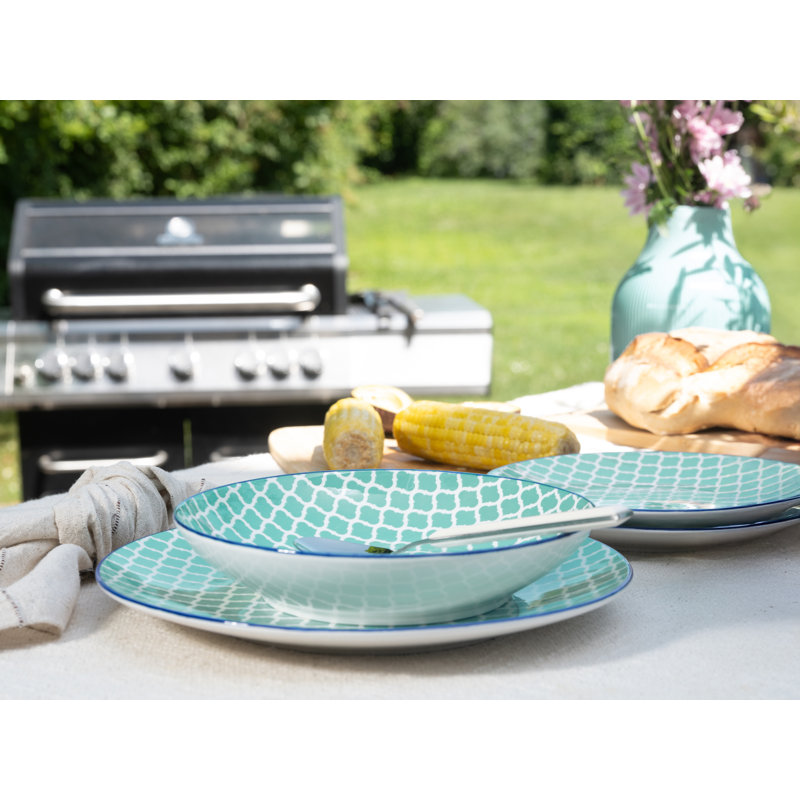 Mediterranean Stoneware Dinnerware Set Piece, Petrol and white