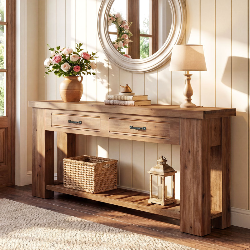 63-inch Long Farmhouse Solid Wood Entryway Sofa Table With 2 Drawers And Open Slatted Shelf