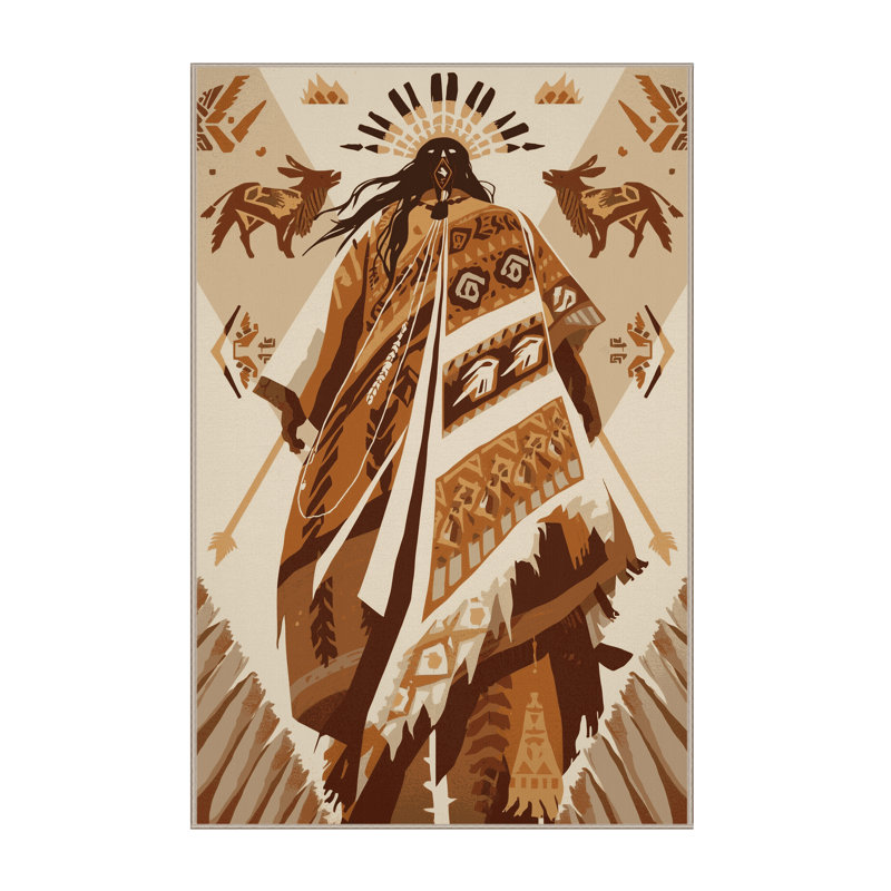 Soft Plush Dupree Two Spirit Warrior Bohemian Block Print Area Rug in Beige – Beige Binding, 7x9